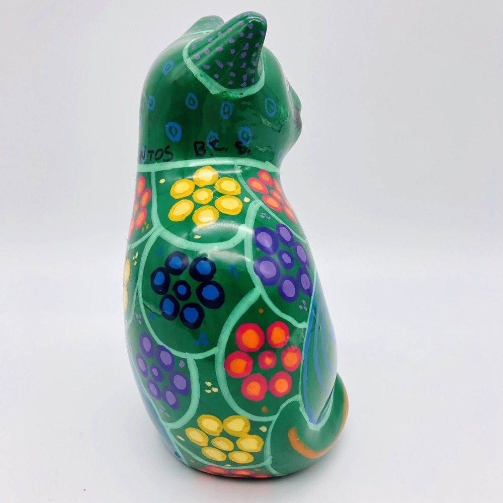 Talavera Cat Handmade & Hand Painted Mexican Art Pottery Green Sitting Eyelashes - Picture 5 of 7